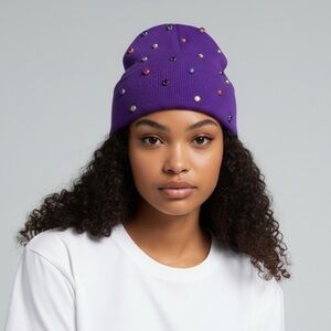 Custom Bedazzled Purple Unisex Beanie – Hand-Sewn Colorful Rhinestones